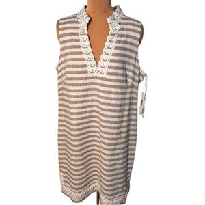 Eliza J Linen Blend Shift Dress Tan White Stripe Lace Trim Summer Size 16 NWT